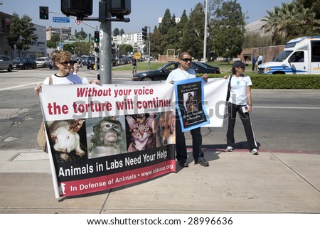 LOS ANGELES - APRIL 22: Animal rights activists protest animal research at UCLA on Earth Day, April 22nd, 2009 in Los Angeles.