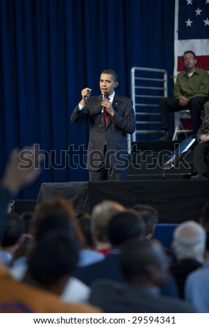 LOS ANGELES - MARCH 19: President Barack Obama speaks at a town hall meeting at the Miguel Contreras Learning Center on March 19, 2009 in Los Angeles.