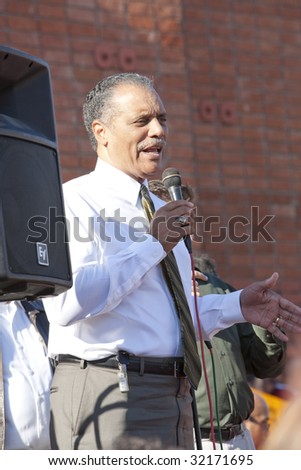 HOLLYWOOD - JUNE 5: LA City Council Member Bernard Parks speaks at an APLA protest against budget cuts in HIV/AIDS prevention & care programs on June 5, 2009 in Hollywood, CA.