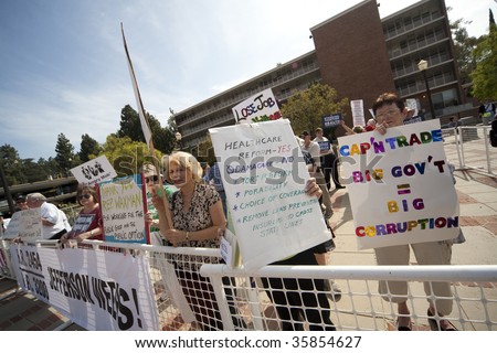 LOS ANGELES - AUGUST 21: The healthcare debate overshadowed the climate change panel with Henry Waxman (D-CA) at UCLA, Los Angeles on Aug 21, 2009. Supporters and opponents rally outside the meeting.
