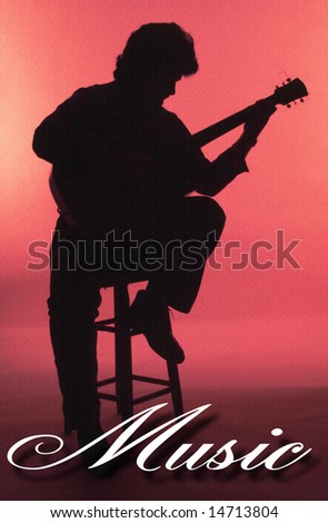 Music: A classical guitar player sitting on a bar stool and basking in red light.