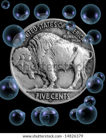Change: A vintage United States Buffalo Nickel in black and white with markings \