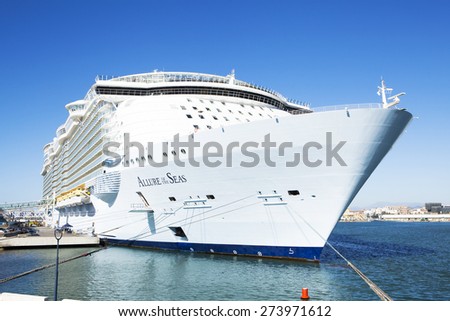 MALAGA, ANDALUSIA, SPAIN - APRIL 29, 2015: Royal Caribbean, Allure of the Seas, docked in Malaga on April 29, 2015. It's the largest passenger ship ever built.