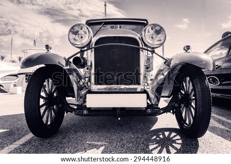 BENALMADENA, SPAIN - June 21: Classic Car parked at Puerto Marina port on June 21, 2015. Benalmadena\'s port is one of the most famous leisure ports in Costa del Sol, Andalusia.