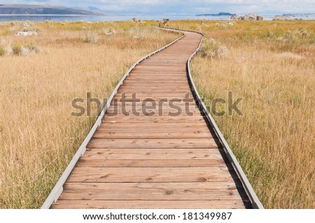 Boardwalk across Mono Lake grassland near Lee Vining, California