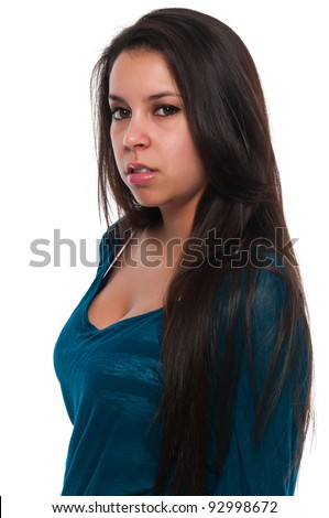 stock photo Pretty young petite Latina in a teal blouse