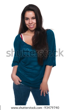 stock photo Pretty young petite Latina in a teal blouse and jeans