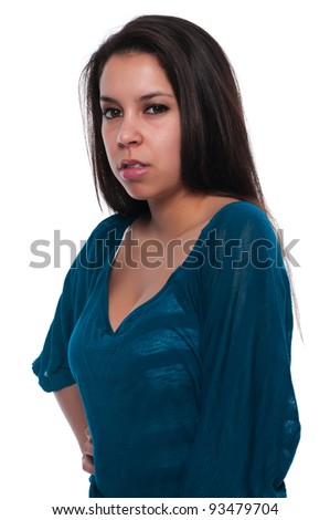 stock photo Pretty young petite Latina in a teal blouse