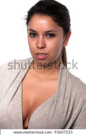 stock photo Pretty young petite Latina in a gray sweater
