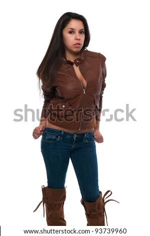 stock photo Pretty young petite Latina in a brown leather jacket