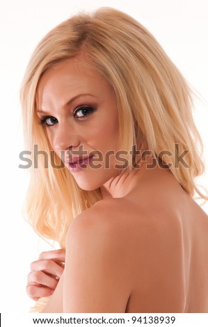 stock photo Beautiful young blonde nude against white