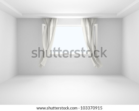 Open window with the curtains developed by a wind.