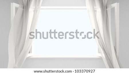 Open window with the curtains developed by a wind. Background for your picture.