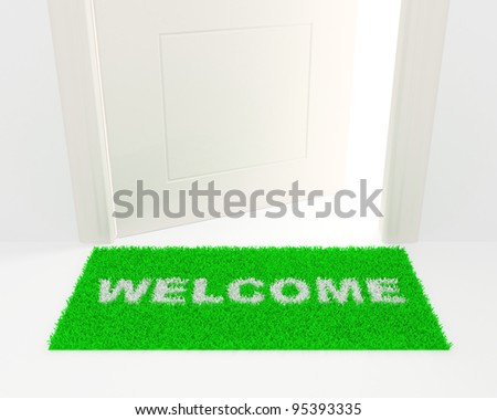 The slightly opened white door and green rug with an inscription: Welcome.