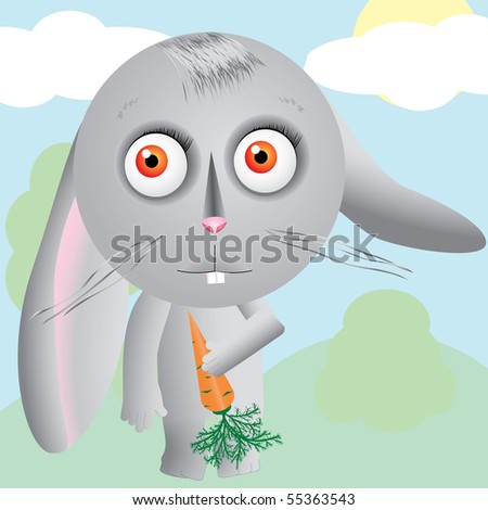 stock vector : Little cartoon hare keeps carrot and looks up at field, 