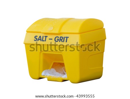 An almost empty road salt / grit bin in the middle of Britain\'s cold snap  - isolated on a pure white background.