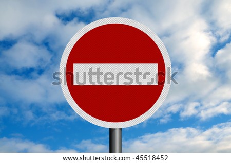 A photo-realistic metallic, reflective \'no entry\' sign, against a blue sky with white fluffy clouds. Sign is perfectly circular.