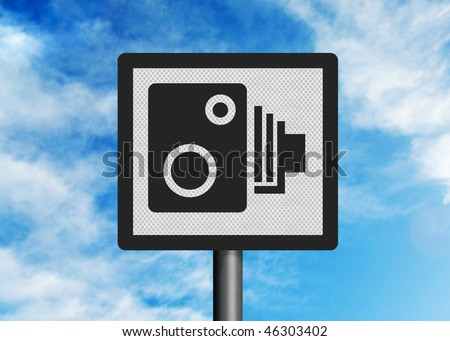 Photo realistic reflective, metallic speed camera warning sign, against a blue sky.