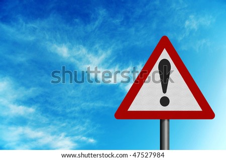 Photo realistic reflective metallic \'caution\' sign, against a background of a bright blue sky. With editorial space for your text.