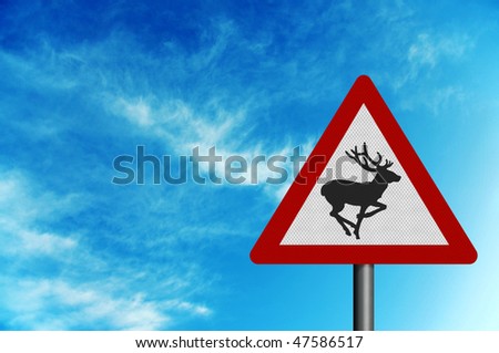 Photo realistic reflective metallic \'wild animals\' sign, against a bright blue sky. With space for your text overlay / editorial