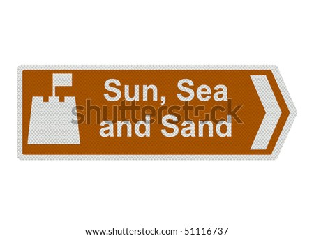 Photo realistic metallic reflective \'sun, sea and sand\' sign, isolated on a pure white background