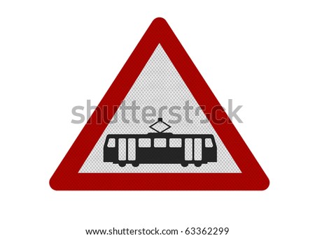 Photo realistic reflective metallic 'trams' sign, isolated on a pure white background.