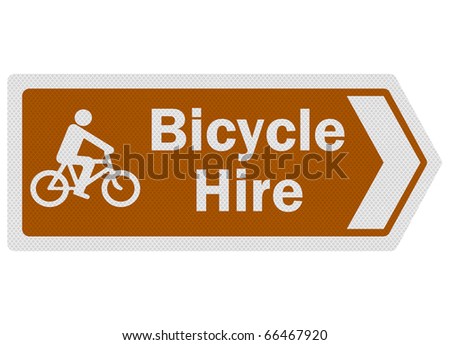 Tourist information series: photo-realistic metallic, reflective \'bicycle hire\' sign, isolated on white