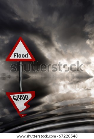Realistic metallic, reflective flood warning sign against stormy sky