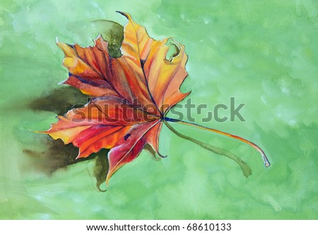 Gouache / watercolour painting of autumnal leaf, by contemporary artist Becky Stares