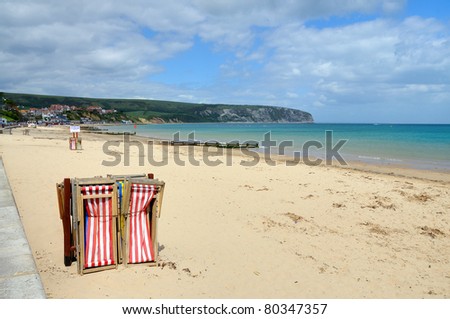 Swanage Beach, Dorset, at the start of the holiday season. Part of the UNESCO Jurassic coast