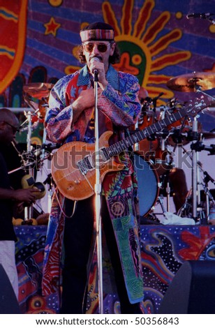 GEORGE, WA - SEPT 2: Singer and guitar player Carlos Santana performs on stage at The Gorge Amphitheater  September 2, 1995 in George, Wa.