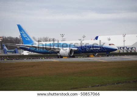 EVERETT, WA - DEC 15: Boeing 787 airplane before take off for the first flight on December 15, 2009 at Paine Field Everett Washington.