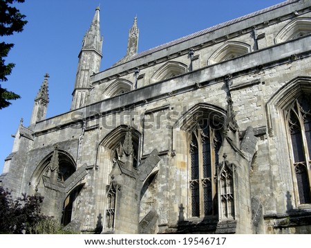 The medieval spires of historic Winchester Cathedral, Winchester, England.