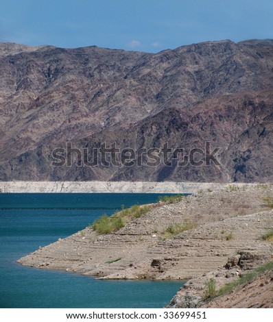 A view across Lake Mead, near Las Vegas, Nevada. Check out the water line on the far side.