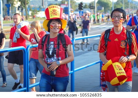 GDANSK, POLAND - JUNE 18: Spanish football fans on their way to EURO 2012 match Spain vs. Croatia on June 18, 2012 in Gdansk, Poland