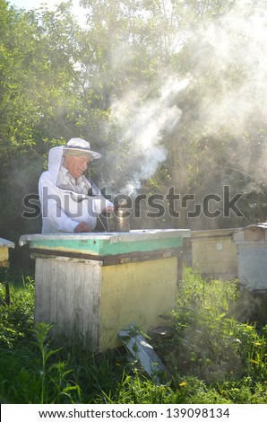 Experienced senior apiarist in his apiary setting a fire in a bee smoker