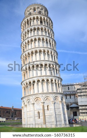 The famous Leaning Tower on Square of Miracles in Pisa, Tuscany in Italy