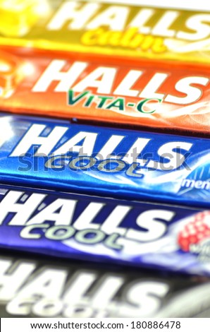 KWIDZYN, POLAND -Â?Â? MARCH 4 , 2014: Variety of Halls cough drops which are sold by Cadbury, now owned by Mondel?z International. Halls Brothers Company was founded in Britain in 1893