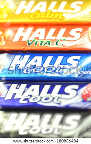 KWIDZYN, POLAND - MARCH 4 , 2014: Variety of Halls cough drops which are sold by Cadbury, now owned by Mondel?z International. Halls Brothers Company was founded in Britain in 1893
