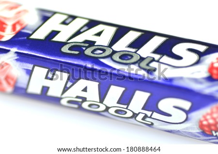 KWIDZYN, POLAND - MARCH 4 , 2014: Halls cough drops isolated on white background which are sold by Cadbury, now owned by Mondel?z International. Halls Brothers Company was founded in Britain in 1893