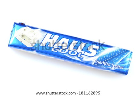 KWIDZYN, POLAND - MARCH 4 , 2014: Halls cough drops isolated on white background which are sold by Cadbury, now owned by Mondelez International. Halls Brothers Company was founded in Britain in 1893