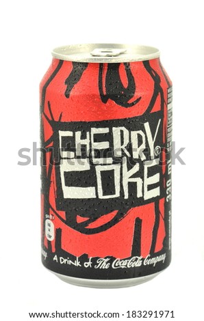 KWIDZYN, POLAND - MARCH 15, 2014: Can of Cherry Coke drink isolated on white. Cherry Coke is cherry-flavored kind of Coca-Cola produced by Coca-Cola Company. Cherry Coke was introduced in 1985