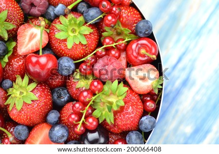 variety of soft fruits, strawberries, raspberries, cherries, blueberries, currants