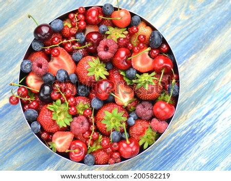 variety of soft fruits, strawberries, raspberries, cherries, blueberries, currants on table