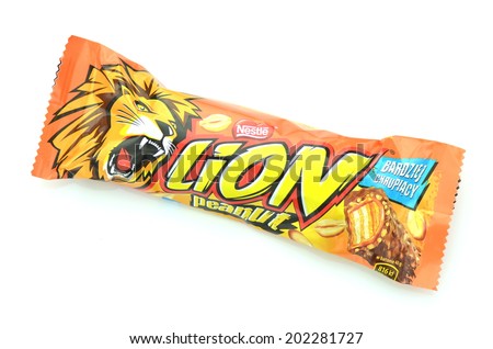 KWIDZYN, POLAND - MAY 26, 2014: Lion chocolate bar isolated on white background. Lion  bars have been produced by Nestle since 1988