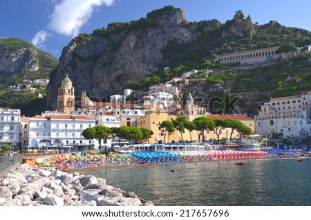 AMALFI, ITALY - AUGUST 16, 2014: Picturesque summer landscape of town Amalfi, Italy. Amalfi is surrounded by cliffs and coastal scenery. It is included in the UNESCO World Heritage Sites