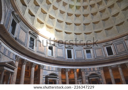 ROME, ITALY - AUGUST 21, 2014: Interior of Pantheon in Rome, Italy. Panthenon is roman temple commissioned by Marcus Agrippa during reign of Augustus and rebuilt by emperor Hadrian about 126 AD.