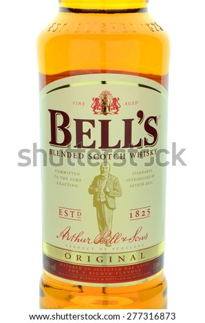 KWIDZYN, POLAND - MAY 9, 2015: Bells whisky isolated on white background. Bells is brand of blended scotch whisky distilled since 1825.