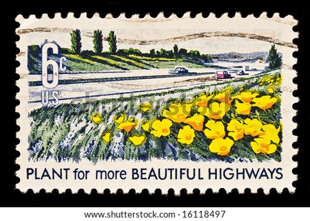 United States stamp publicizing cities,park,highways and streets.The image shows poppies and lupines along highway.  Beautiful highways was issued in 1969.
