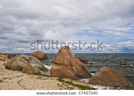 Boulders by the seashore of the Long Island Sound located in Long Island, New York. This is the remains of glacial debri from 21,000 years ago.